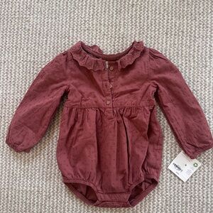 Baby Girls' Burgundy Long-Sleeve One-Piece with Ruffle Collar